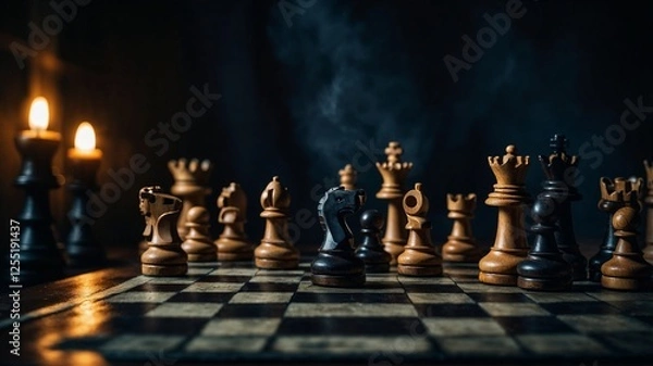 Fototapeta Chess game board on a dark background. Generative AI.