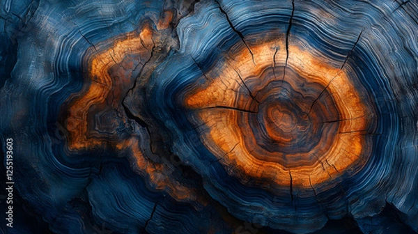 Fototapeta The cross-section of an aging tree trunk displays vibrant wood grain and complex growth rings. Deep cracks and smooth transition from amber to blue, with soft light highlighting wood details