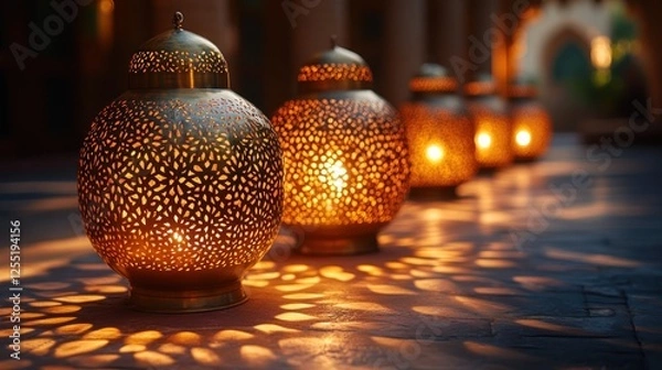 Obraz Ornate brass lanterns casting warm light on a stone surface.