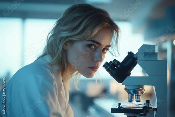 Fototapeta A female scientist intently examines a sample under a microscope in a laboratory setting.