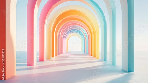 Fototapeta A bright and colorful illustration of an archway leading to the horizon, with soft gradients and a dreamy atmosphere. The composition includes a long corridor or hallway, adorned with tall arched 