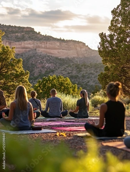Obraz Group meditation session outdoors at sunset with scenic mountain backdrop