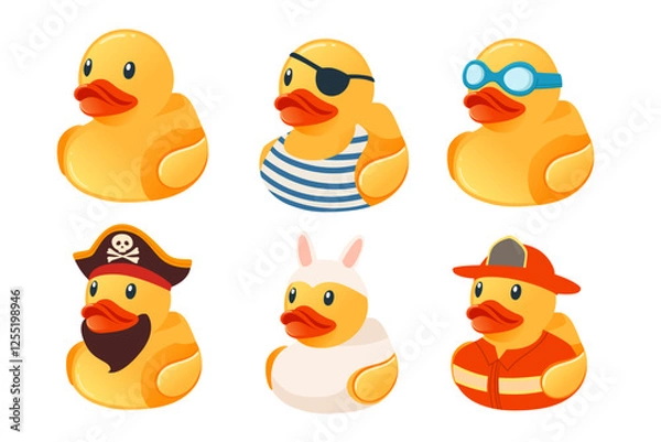 Obraz Set of dressed duck. Cute yellow rubber duck. Pirate, captain, rabbit, or firefighter costumes. Cartoon child toy for bath. Vector illustration isolated on white background