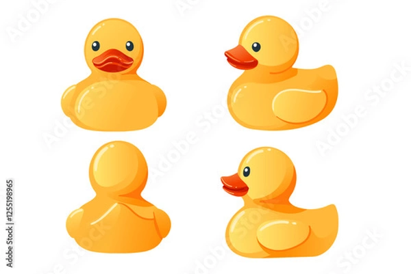 Obraz Set of children toys. Cute yellow rubber duck. Cartoon child toy for bath. Vector illustration isolated on white background