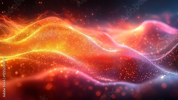 Fototapeta Vibrant abstract waves of orange and pink light with sparkling particles, creating a dynamic and energetic visual for modern design projects.