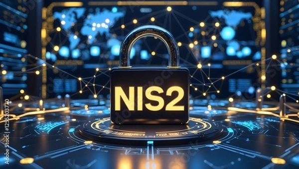 Fototapeta NIS2 Cyber Security:  A futuristic padlock adorned with the inscription "NIS2" stands as a symbol of digital security and data protection.