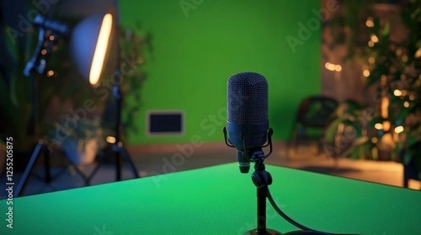 Fototapeta Studio Microphone on Green Screen Background for Podcast or Video Production