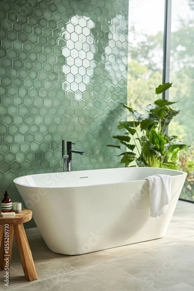 Fototapeta Bathtub in modern bathroom interior design with hexagonal tile wall, green accents, and indoor plants creating a serene and stylish atmosphere.