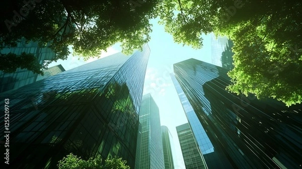 Fototapeta A modern cityscape with glass skyscrapers surrounded by lush green trees under a clear blue sky.