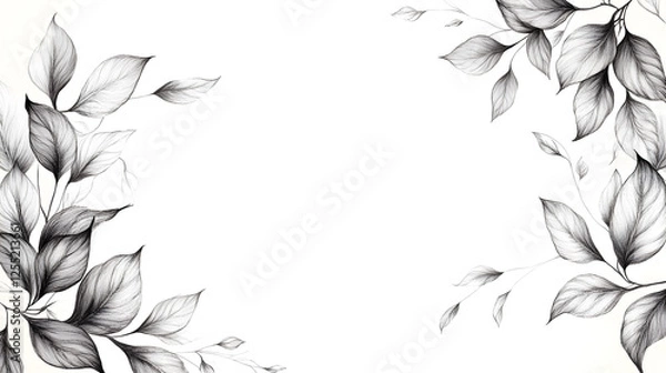 Fototapeta Simple line art featuring a circular frame made of leaves and flowers, with a clean and minimalistic design on a white background, perfect for clipart and decorative purposes.