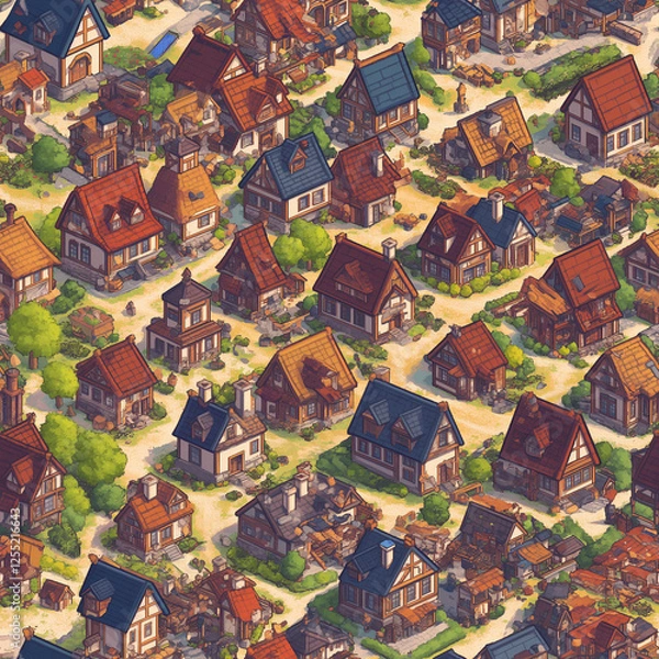 Obraz 16-bit pixel art of a medieval village, isometric view, vibrant colors, detailed houses with smoke chimneys, RPG game style, nostalgic