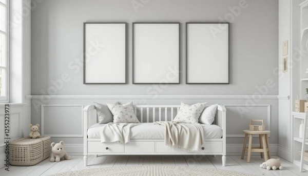 Fototapeta Cozy and Minimalist Living Room Design Featuring Blank Frames and Neutral Color Palette with Soft Textures