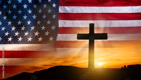 Fototapeta Christian Cross with the American Flag in the background, symbolizing faith and patriotism, with empty space for text or design