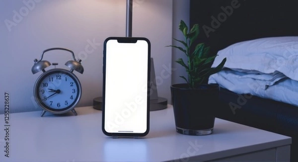 Obraz A phone with an alarm clock and a houseplant next to the bed