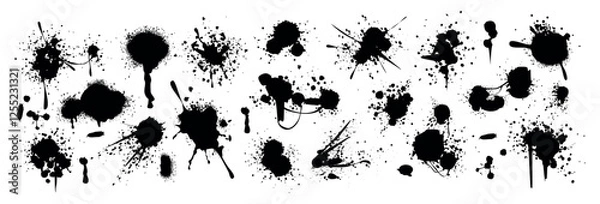 Fototapeta Set of spray paint drips, black blots or ink splatters. Blobs or inky spots with graffiti dirty grunge effect. Brush stains or inkblots with spatters or drops. Vector design elements in street style.