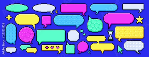 Obraz Pixel dialogue boxes different shapes set on blue background. Chat speech bubbles, message frames for text or empty dialog communication box in 8bit retro style. Vibrant color pixelated thinking icons