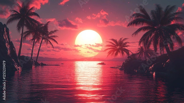 Fototapeta Retro 80s aesthetic sunset with palm trees, vibrant neon colors, geometric shapes, vaporwave style