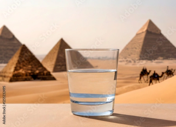 Obraz A glass of water in a transparent glass in the desert. Water and pyramids. Drought in the desert. drought climate change global warming concept. 
