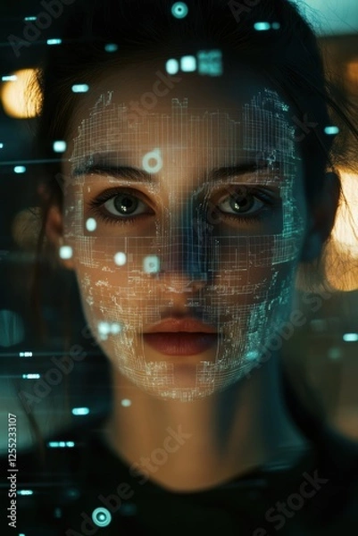 Fototapeta Digital transformation, AI technology, and data analysis represented on womans face with glowing elements symbolizing innovation in the tech industry and cybersecurity.
