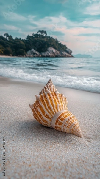 Fototapeta Intricate seashell on white sand with tranquil ocean background