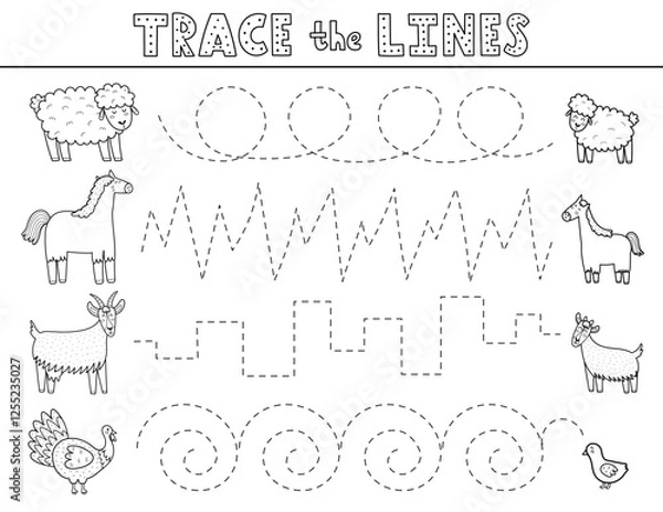 Fototapeta Trace lines black and white activity page with cute farm animals. Handwriting practice worksheet in outline for kids. Educational game for preschool. Vector illustration