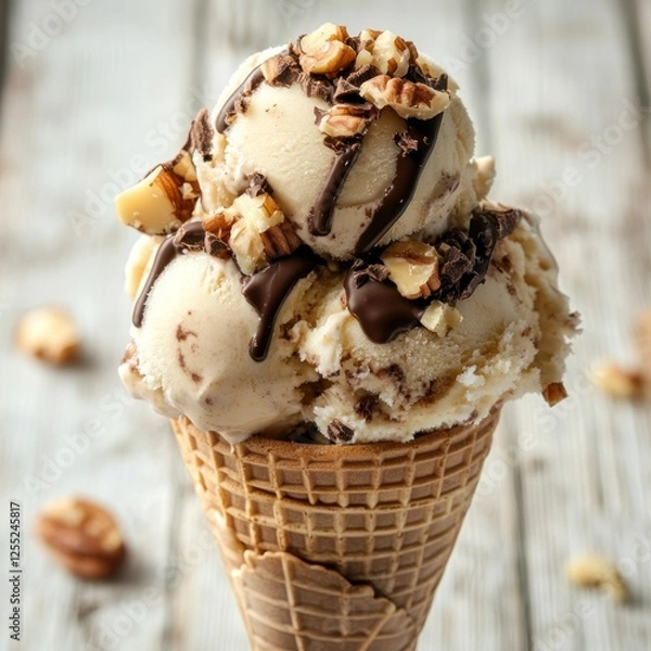 Fototapeta Pecan ice cream cone, chocolate drizzle, wood background. Dessert food photography for menu