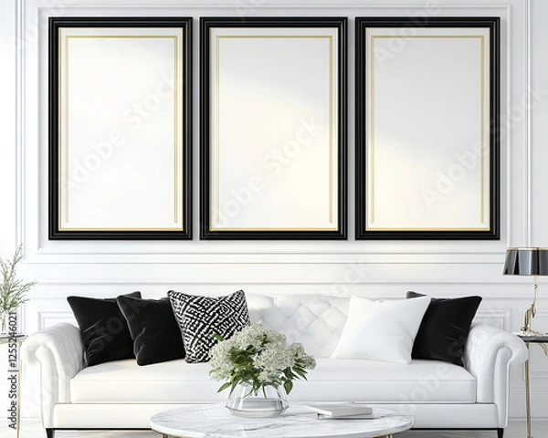 Fototapeta Three large, thick black frames hang on the wall of an elegant living room with white walls, a sofa, and a coffee table. Marble accessories, black pillows, and soft lighting create a cinematic, 