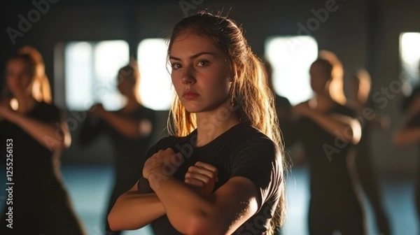 Obraz Determined young woman practicing self-defense with a group of students
