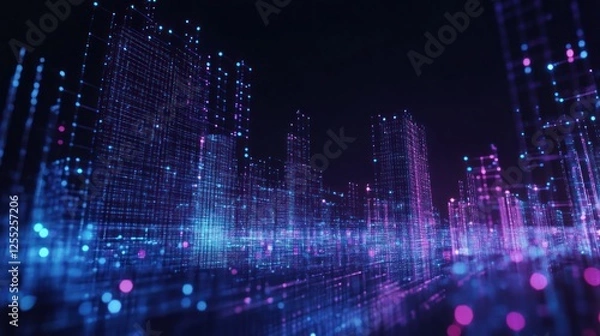 Fototapeta Futuristic Digital Cityscape: Glowing Network of Data and Connectivity