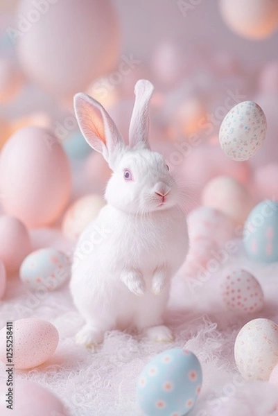 Fototapeta A white rabbit stands gracefully in a mystical meadow, its fur adorned with softly glowing floral patterns. Floating Easter eggs, radiating warm light, surround it, creating an enchanting atmosphere