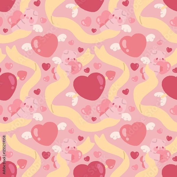Fototapeta Seamless valentines day pattern with cupid pig, ribbon, arrow piercing a heart and heart with wings on pink background