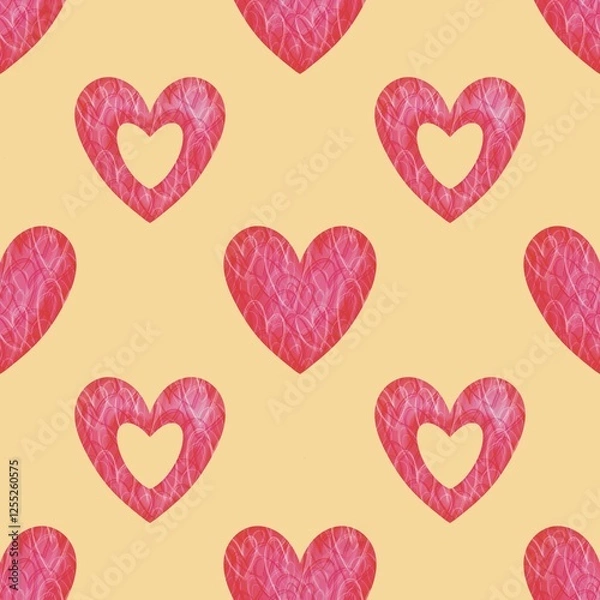 Fototapeta Seamless Pattern of Pink Hearts on a Warm Yellow Background