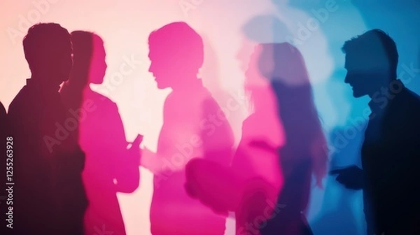 Fototapeta Networking, collaboration and diverse business professionals silhouette discussing ideas with digital backdrop for teamwork and innovation in modern workplace.