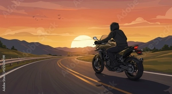 Fototapeta A motorcyclist rides into a vibrant sunset along a winding road
