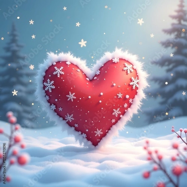 Fototapeta red heart on snow. Capture the essence of love with a 3D snow heart bearing a handwritten message. A personal touch that evokes heartfelt emotions.