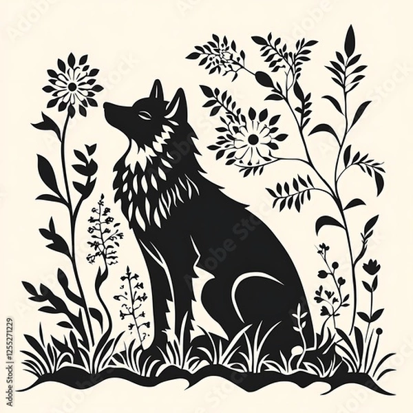 Fototapeta Silhouetted wolf in floral meadow; decorative graphic; artistic print; wall art