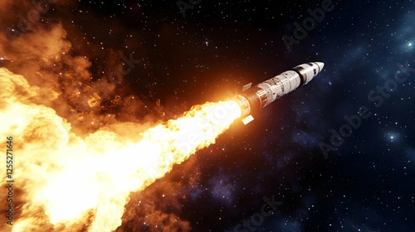 Fototapeta Rocket launch, space, fiery ignition, starry background, exploration