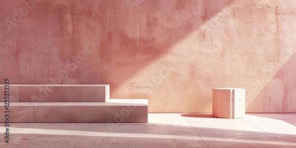 Obraz A minimalistic aesthetic featuring a light cranberry backdrop, Geometric shapes and muted tones, Contemporary minimalist style