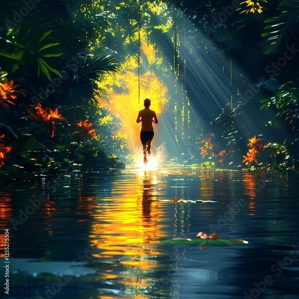 Fototapeta Runner enjoys a serene morning jog through a vibrant rainforest beside a calm, reflective waterway