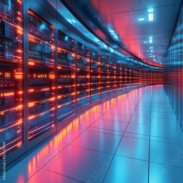 Obraz Digital information flows through the network and data servers behind glass panels in the server room of a data center or Internet service provider