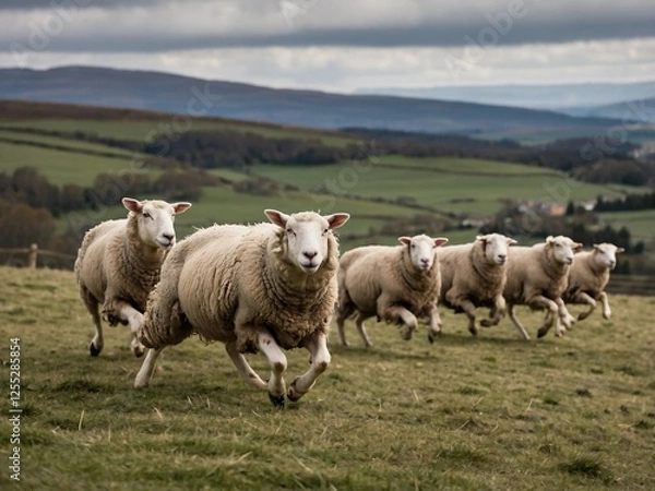 Fototapeta Herd of Grazing Sheep in Lush Pasture with Scenic Countryside View