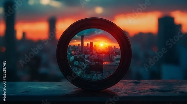 Fototapeta Landscape reflection from camera lens