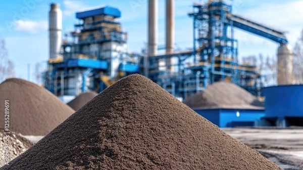 Fototapeta Sugar beets are stacked in front of an oil factory, while dirt-covered sweet potatoes lie on the ground beneath the trees
