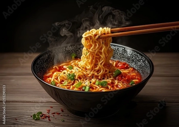 Fototapeta Steaming bowl of spicy ramen noodles being lifted with chopsticks in a dark setting