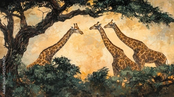Obraz Giraffes grazing on acacia trees in the African wilderness