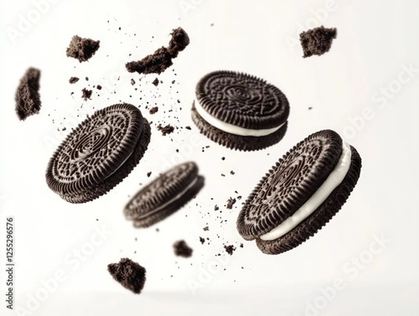 Fototapeta Flying Oreo cookies with crumbs in mid-air against a plain background