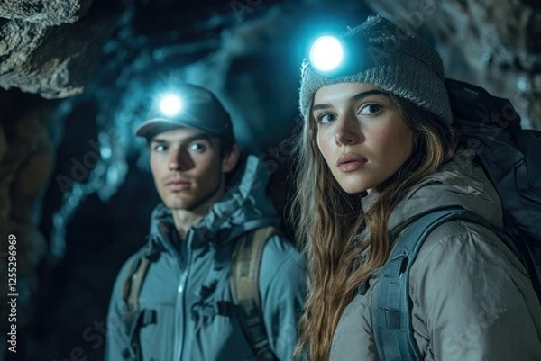 Fototapeta Two explorers with headlamps illuminate a dark cave, showcasing their adventurous spirit and determination.