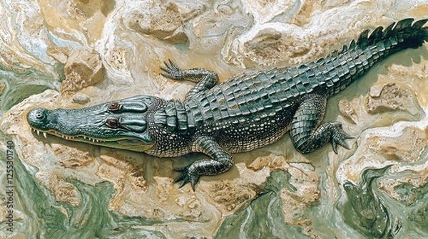 Obraz A crocodile camouflaged in the rivers edge