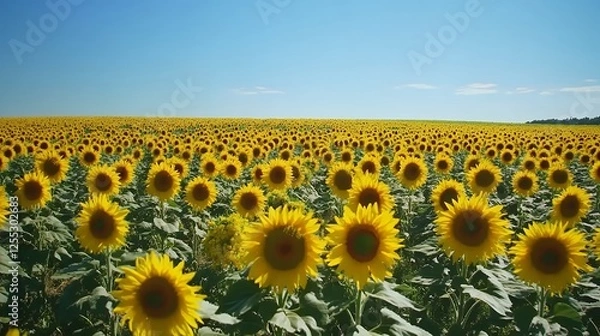 Fototapeta A vast field of sunflowers in full bloom stretching towards the clear blue sky
