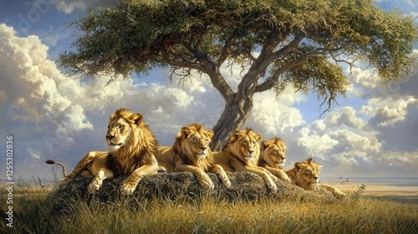 Obraz A pride of lions resting in the shade of acacia trees